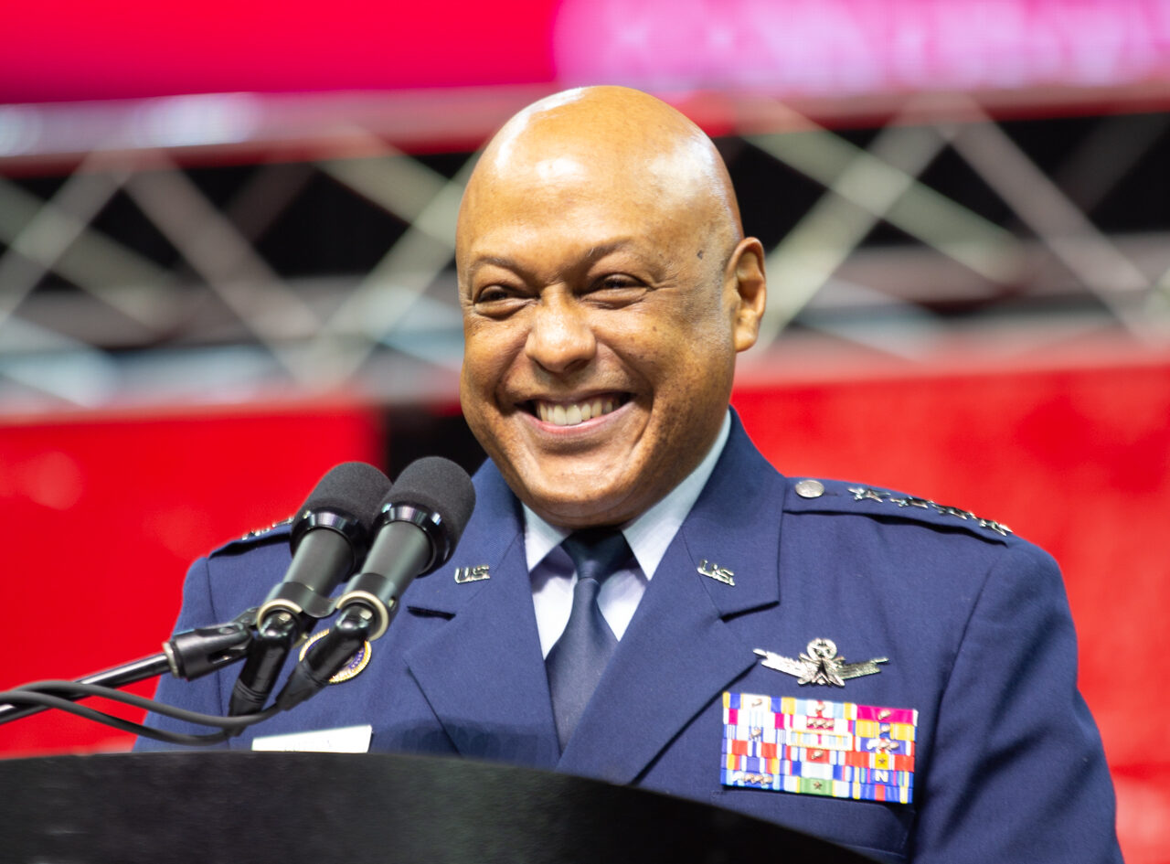 General Anthony J. Cotton addresses Spring 2023 graduates at PNC Arena.