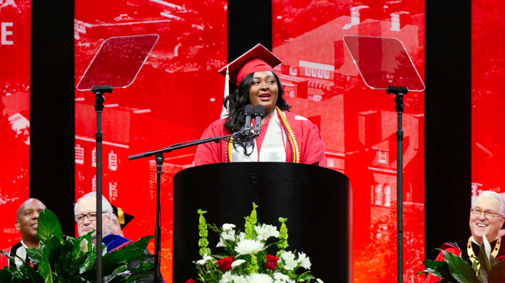 Miracle Holder addresses Fall 2023 graduates at PNC Arena.