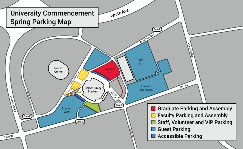 A map of Carter-Finley Stadium details color-coded parking for Spring University Commencement.
